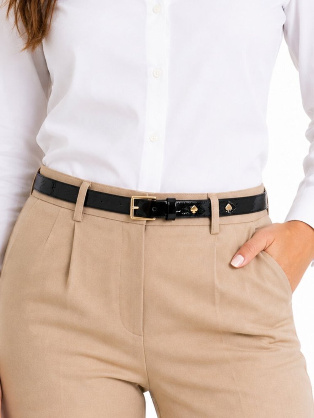 KATE SPADE NWT Genuine Patent Leather Skinny Belt Black Gold Large Glossy Preppy